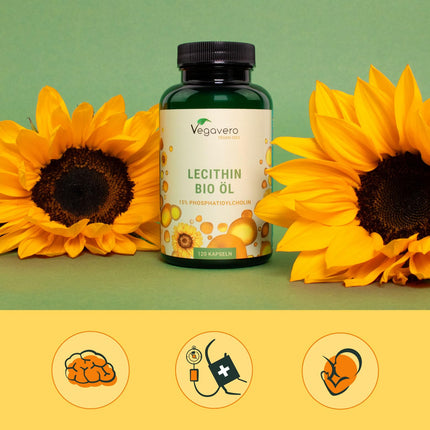 Organic Lecithin Capsules | 1800 mg from sunflowers | Vegan | Cold-pressed | 15% phosphatidylcholine | No soy | 120 Capsules | Vegavero®