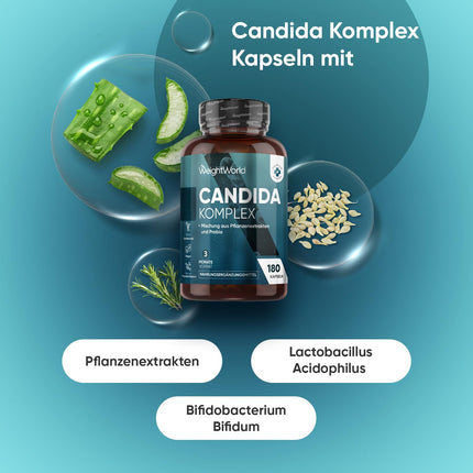 Candida Complex - 180 vegan capsules - Bifidobacteria - With caprylic acid, aloe vera, zinc, grape seed extract - Lactobacillus acidophilus - Laboratory-tested ingredients - 3-month supply - WeightWorld