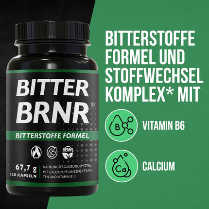 BRNR BITTER BRNR Bitter Formula and Metabolism Complex with Vitamin B2, Digestive Enzymes with Calcium, Alternative to Bitter Drops, 120 Capsules