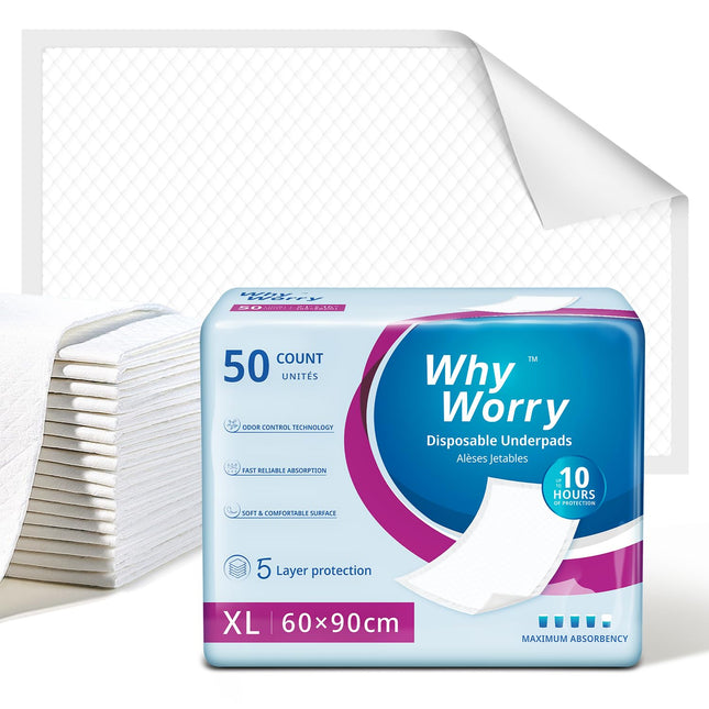 WhyWorry Incontinence Bed Pad 60 x 90 cm, Disposable Changing Mat Waterproof, Highly Absorbent Incontinence Pads for Adults and Babies, 50 Pack