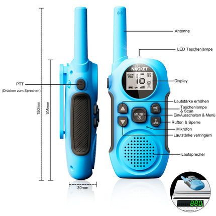 NXGKET Walkie Talkie Kids Adults Rechargeable, Walkie Talkie Set of 2 with Li-Ion Battery, Vox, 3km Range Radio Gift for Girls Boys 3-12 Years, Toy Walkie Talkie for Outdoors, Camping, Hiking