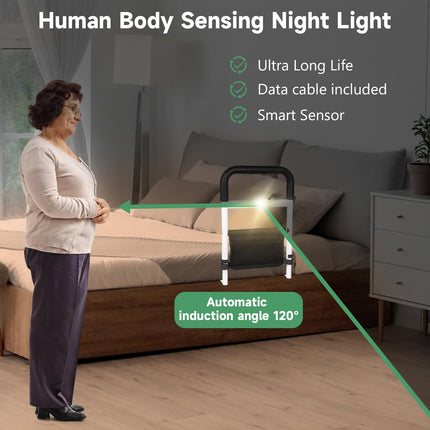 Aolawco Adjustable Bed Riser with LED Sensor Light, Bed Entry Aid with Bag, Height Adjustable Grab Bar Grab Rails for Seniors, Elderly, Adults