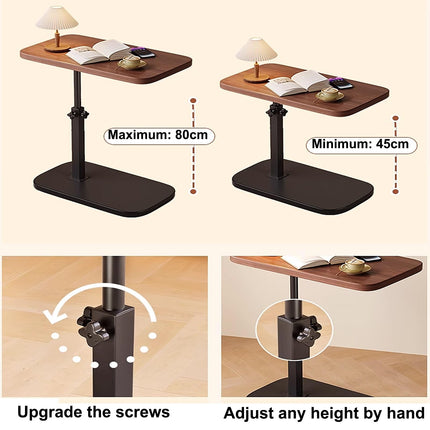 Side Table C Shape Metal Bedside Table Made of Synthetic Fiberboard, Liftable Nightstand for Bedroom, Thickened Table Top Rotates 360°, for Home, Hospital (Brown)