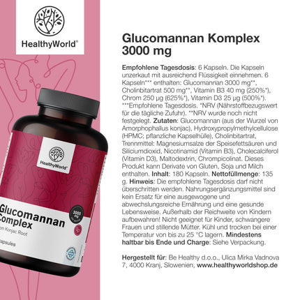 HealthyWorld® Glucomannan Complex 3000 mg – From Konjac Root – 180 Capsules – To Support Weight Loss – With Added Choline, Chromium, Vitamins D3 and B3 – Non-GMO – 1-Month Supply