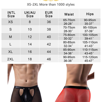 comeondear Leather Boxer Shorts Men's Large Size Sex Sexy Underwear for Men Erotic Transparent Underpants with Bulge Sissy Gay Lingerie Open G-string Briefs Wetlook Lingerie (Black, L)