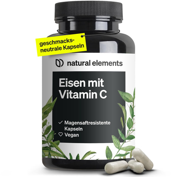 Iron 20mg (from ferrous bisglycinate) per capsule – with 42mg natural vitamin C – vegan, tasteless – 180 gastro-resistant capsules – Premium raw material: FerrochelTM (iron chelate)
