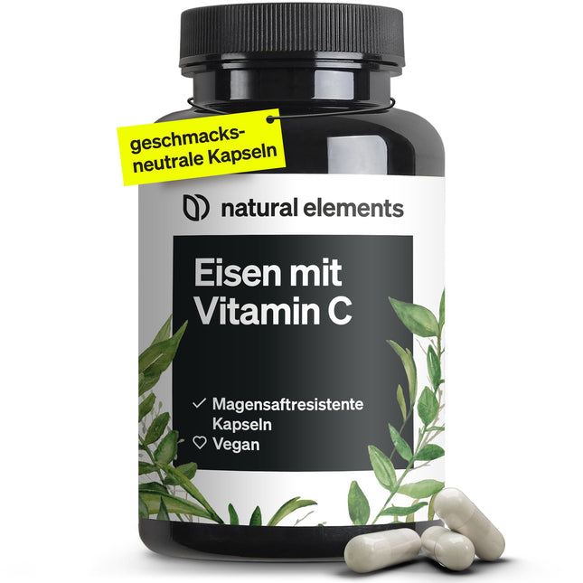 Iron 20mg (from ferrous bisglycinate) per capsule – with 42mg natural vitamin C – vegan, tasteless – 180 gastro-resistant capsules – Premium raw material: FerrochelTM (iron chelate)