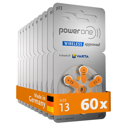 Power one hearing aid batteries type 13 orange, 60 batteries, storage pack, wireless approved, size p13 for hearing aids and hearing aids, high hearing level, mercury-free, Made in Germany