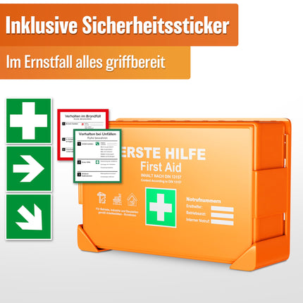 HELDENWERK first aid kit according to the new DIN 13157:2021 including wall bracket &amp; stickers | Universal first aid case for business, household or catering - office first aid kit filled, first aid kit