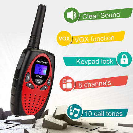 Retevis RT628 Walkie Talkie Set of 4, Children's Radio Long Range, Easter Gifts for Children, Toys for Ages 3-12, Gifts for Birthdays, Holidays, Camping, Adventures (2 Pairs, Red)