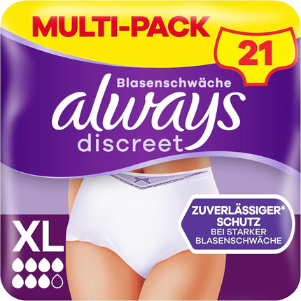 Always Discreet Incontinence XL 21 Panties Plus for Women (3 x 7 pieces), Prevents leaks and odors, Comfortable and barely noticeable