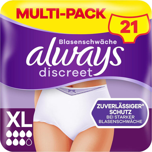 Always Discreet Incontinence XL 21 Panties Plus for Women (3 x 7 pieces), Prevents leaks and odors, Comfortable and barely noticeable
