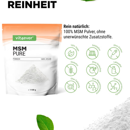 MSM Powder - 1.1 kg (1100 g) - 99.9% pure crystalline methylsulfonylmethane - Mesh factor 40-80 - Organic sulfur - Vegan