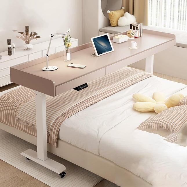 DSEWTEZXI Electric cross bed table for home office on wheels, height adjustable bedroom overbed table with drawer, mobile laptop desk over bed, hospital rolling bed table.