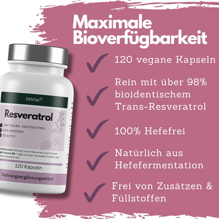 EXVital® Resveratrol Capsules, 98% Trans-Resveratrol, 500mg per capsule, 120 vegan capsules, vegan &amp; without additives, laboratory tested