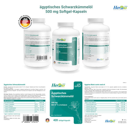 HerbBio Egyptian Black Seed Oil Capsules 500mg 420 Softgel Capsules - of which 57% linoleic acid - Premium cold-pressed - 100% bovine gelatin Halal Certified - laboratory tested - Black seed oil capsules