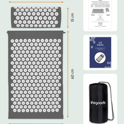 LifeGoods Acupressure Mat with Pillow - Acupressure Mat - Acupressure Mat+ - Acupressure Mat - Acupuncture Mat - Massage Mat - Back - Spike Mat - Fakir Mat - Nail Mat - Acupressure Mat