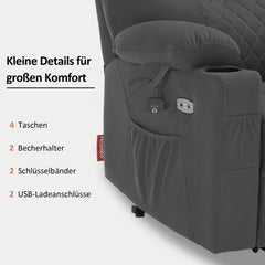 M MCombo TV chair with electric stand-up aid, 2 motors, backrest and legrest separately adjustable, one button to reset, massage chair with heat function 7565 (microfiber, dark gray)