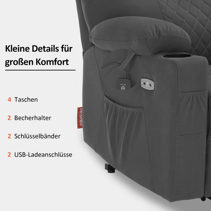 M MCombo TV chair with electric stand-up aid, 2 motors, backrest and legrest separately adjustable, one button to reset, massage chair with heat function 7565 (microfiber, dark gray)