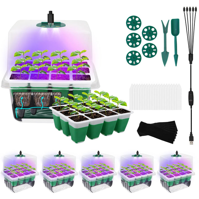 MYMULIKE 5 Pack Silicone Indoor Greenhouse Grow Box with Plant Lamp, Self-Watering Mini Greenhouse Small Grow Kit, Grow Box Reusable for Tomatoes, Peas, Beans, Peppers