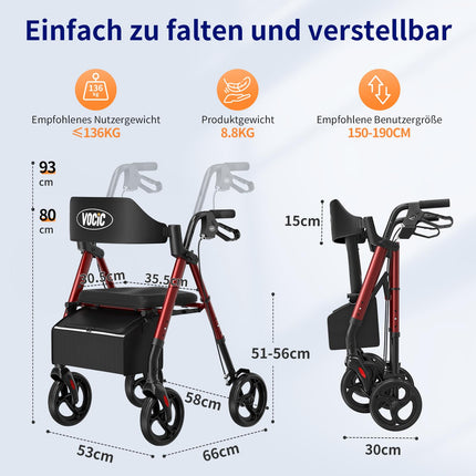VOCIC Rollator Foldable and Lightweight with Seat, Narrow Rollators for Home, Rollators for Seniors Foldable with 20cm Tires for All Terrain, Seat and Handle Height Adjustable, 5-Year Warranty | Dark Red
