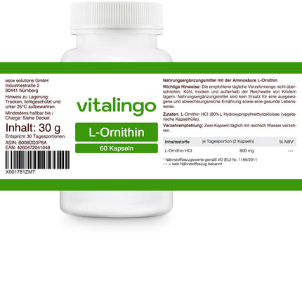 L-Ornithine Capsules - 60 capsules of 500mg each