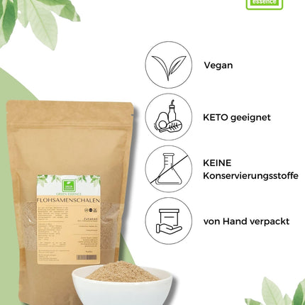 Psyllium husks 1 kg (2 x 500g) - natural fiber from Green Essence - ground psyllium husks - vegan - low carb - high in fiber - no additives - substitute for flour in the keto diet