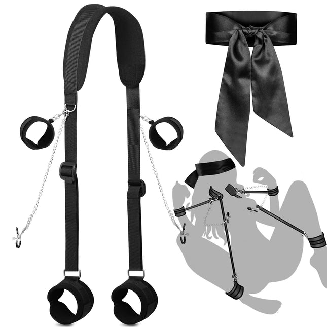 BDSM Sex Bondage Restraints Bondage Set Restraint Set with Handcuffs Ankle Cuffs Adjustable Thigh Bandage Ropes and Gag Mouth Gag Nipple Clamps Clitoris Clip Sex Toys for Couples Sex Toys