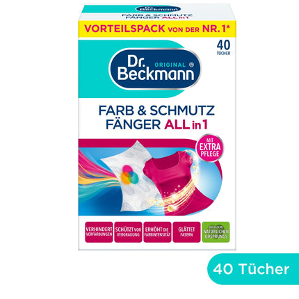 Dr. Beckmann Color and Dirt Catcher, Unscented, 3-in-1 | Color catcher wipes for ultimate discoloration protection | with EXTRA COLOR &amp; FIBER CARE | 40 wipes