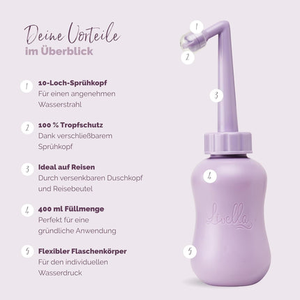 Livella | Intimate Shower in Purple (400 ml) – Developed in Germany – For gentle and hygienic cleansing of the intimate area – Increased well-being during the postpartum period – Ideal as a travel bidet and pod shower
