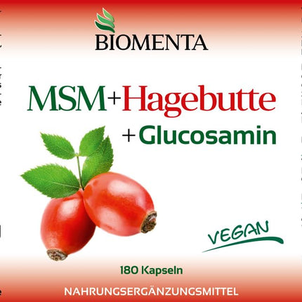 BIOMENTA MSM + Rosehip + Glucosamine – 180 allergen-free capsules with a high dose of 1,200 mg organic sulfur powder + 794 mg glucosamine sulfate + 300 mg rosehip extract per day – vegan – premium quality
