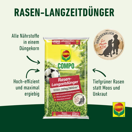 COMPO lawn fertilizer with 3 months of long-term effect for spring and summer - animal-friendly - premium lawn long-term fertilizer - 20 kg for 800 m²