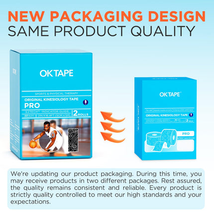OK TAPE Pro Kinesiology Tape (5cm x 5m) Waterproof, skin-friendly, elastic kinesiology tape for knee pain, elbow, and shoulder (2 rolls, black + black and white)