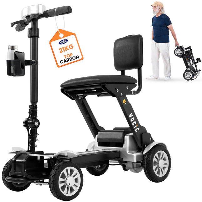 VOCIC D71 Folding Electric Mobility Scooter for Seniors - 21KG, 20KM Carbon Fiber Electric Mobility Scooter with Length-Adjustable Frame up to 150KG, Aircraft Certification, 5-Year Warranty (Silver)
