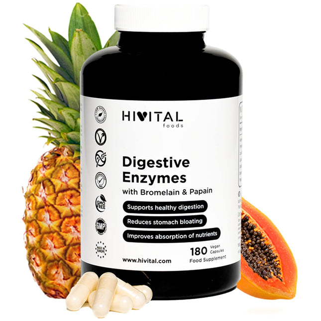 Digestive enzymes. 180 vegan capsules for a 6-month course. Amylase, protease, lactase, lipase, cellulase, bromelain, and papain. Manufactured by HIVITAL