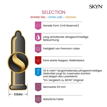 SKYN Selection Variety Box Set Condoms (50 pieces) &amp; Elite Condoms (10 pieces) | Variety Pack with 10 Original, 20 Intense Feel &amp; 20 Extra Lube Condoms, Thin Condoms, can be used with our Lubes
