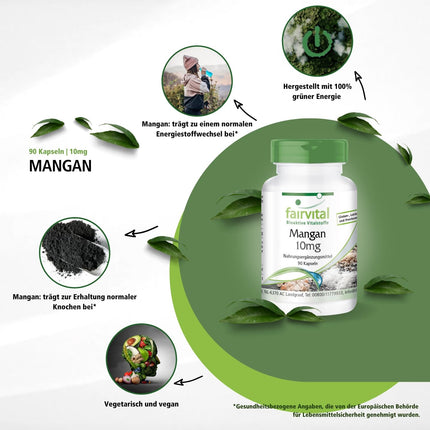 Fairvital | Manganese Capsules 10mg - 90 Capsules - HIGH DOSE - from manganese gluconate - Vegan - essential trace element - Manganese