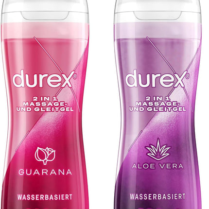 Durex 2-in-1 Massage Gel – Water-based lubricant for sensual love massages – 2 x 200 ml in a dispenser (Aloe Vera and Guarana)