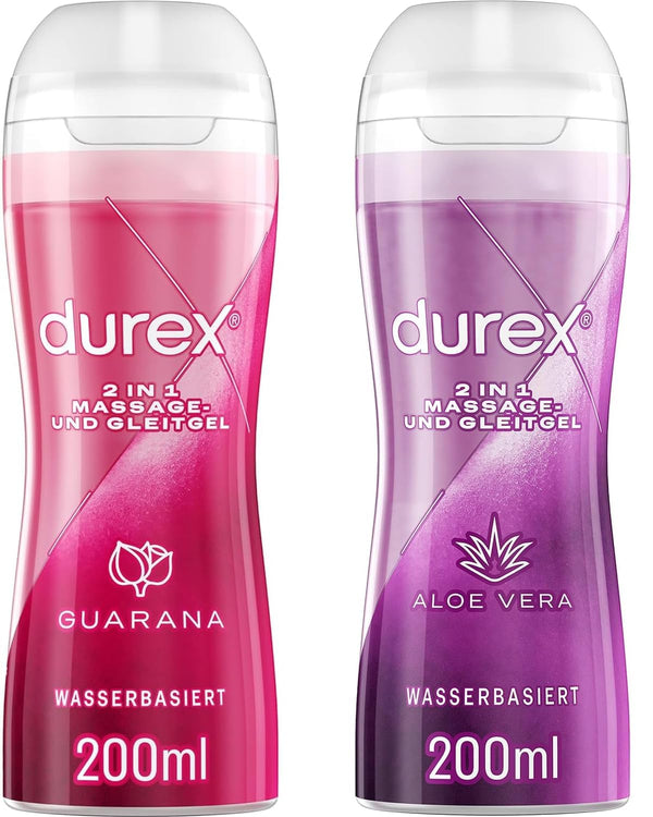 Durex 2-in-1 Massage Gel – Water-based lubricant for sensual love massages – 2 x 200 ml in a dispenser (Aloe Vera and Guarana)