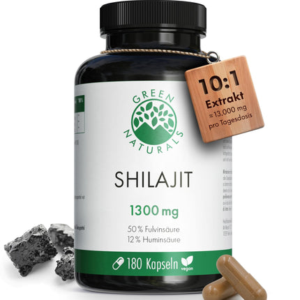 Shilajit Original Himalaya - High Dose: 13,000 mg Shilajit per daily dose (10:1 extract) + 50% Fulvic Acid + 12% Humic Acid - 3 Month Supply (180 Capsules) - No Additives - Green Naturals®
