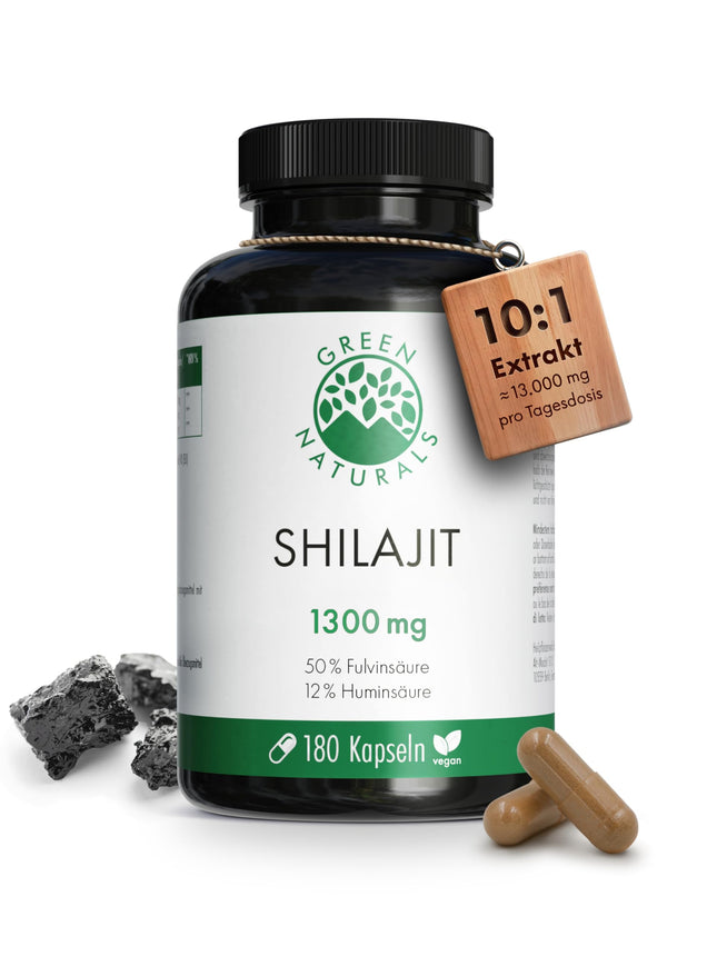 Shilajit Original Himalaya - High Dose: 13,000 mg Shilajit per daily dose (10:1 extract) + 50% Fulvic Acid + 12% Humic Acid - 3 Month Supply (180 Capsules) - No Additives - Green Naturals®