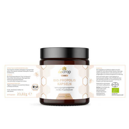 bedrop Organic Propolis Capsules 800mg per capsule, high dosage - 60 Propolis extract capsules from organic beekeeping - Rich in polyphenols &amp; flavonoids - In sustainable glass packaging