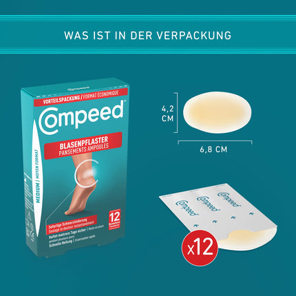 Compeed Blister Plasters Medium Value Pack - Hydrocolloid plasters for blisters on the heels, 1x 12 pieces
