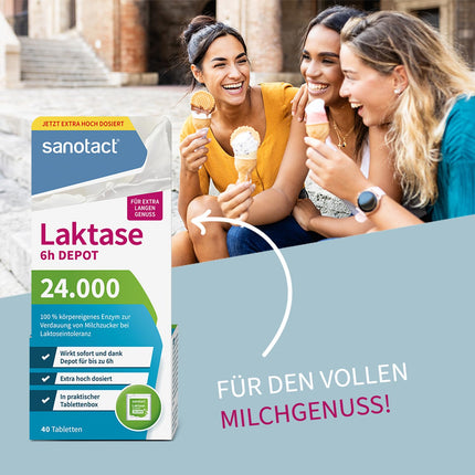 sanotact Lactase 24,000 6h DEPOT (40 lactase tablets) • Lactose tablets with depot effect • For lactose intolerance &amp; milk intolerance • Immediate effect &amp; 6h long-term depot