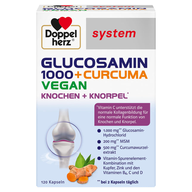 Doppelherz system GLUCOSAMINE 1000 + CURCUMA VEGAN – Vitamin C contributes to normal collagen formation for normal cartilage and bone function – 120 capsules