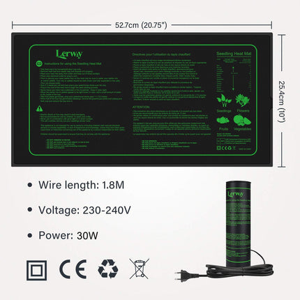 LERWAY Heating Mat Indoor Greenhouse Heat Mat Reptile Dragon Temperature Heating Pad Amphibian Pet Mat Warmer Bed Mat, 20.75"x10" inch, 30Watt (1.30W)