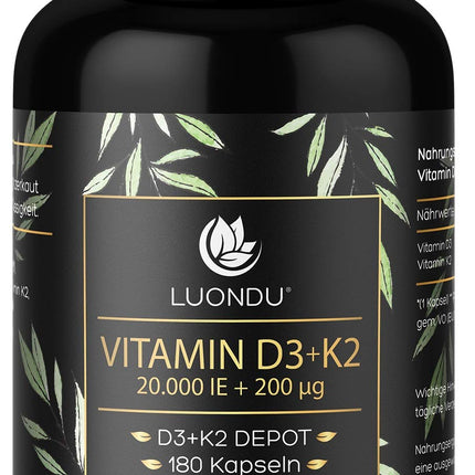 Luondu Vitamin D3 20,000 IU + Vitamin K2 MK7 200 mcg Depot (High Dose &amp; Vegan) high dosage | No additives, Made in Germany (180 Capsules)