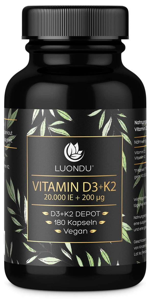 Luondu Vitamin D3 20,000 IU + Vitamin K2 MK7 200 mcg Depot (High Dose &amp; Vegan) high dosage | No additives, Made in Germany (180 Capsules)