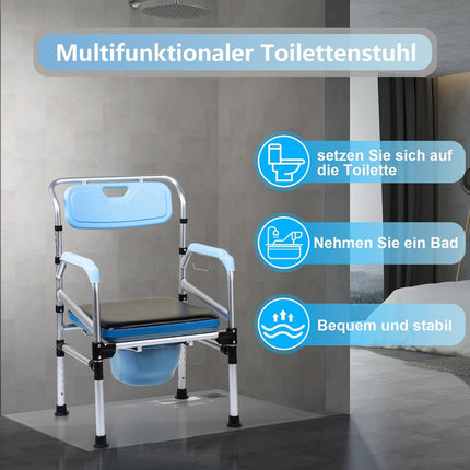 ISOISL Commode Chair, Commode Chair for Seniors, Height Adjustable 42-54 cm, with Padded Seat and Toilet Bucket, Load Capacity up to 160 kg, for Seniors and Pregnant Women