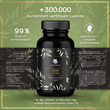 Luondu® MSM 2000mg with Vitamin C per daily dose - 365 MSM tablets high-dose - MSM sulfur tablets - MSM high-dose, vegan &amp; without additives